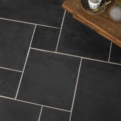 Natural black slate tiles modular set_close up of tiles with wooden bench