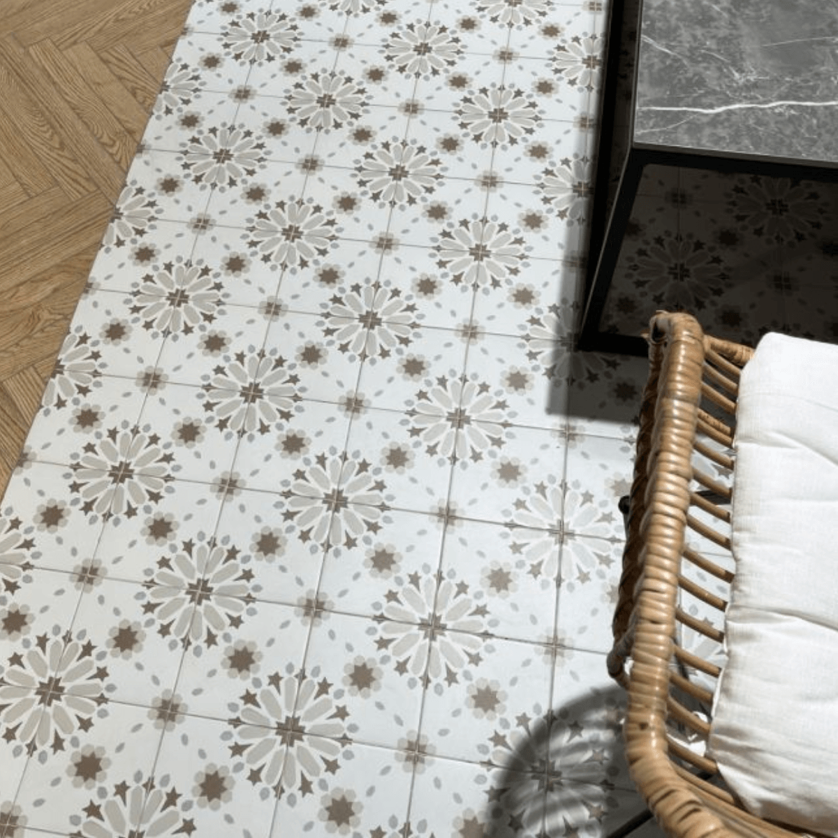 Loire natural patterned tiles floor tile feature besides a herringbone wood effect flooring