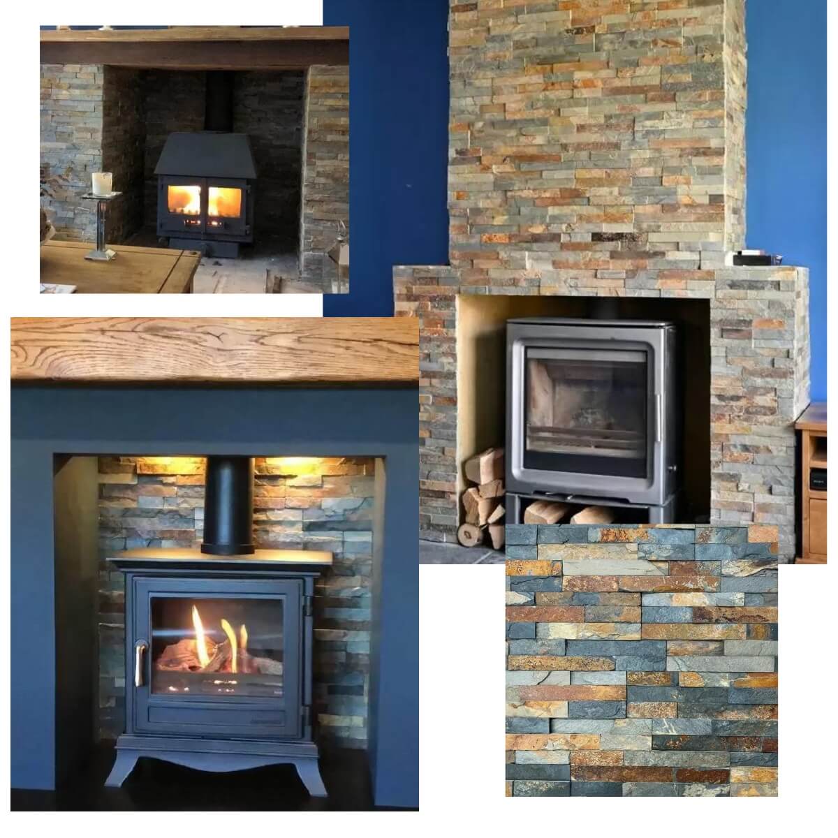 collage of our range of rustic country multicolour split face used as a decorative feature around fireplaces and log burners 