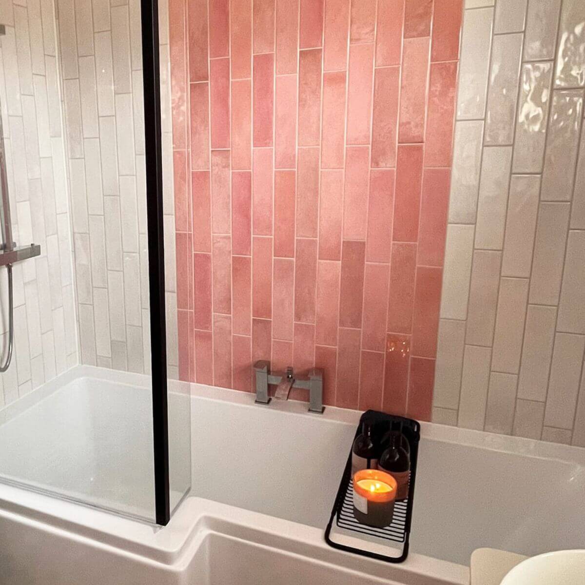 Paris Pearl and Rose Brick Wall Tiles laid in a 70:30 stepladder brick pattern around a bathroom and shower area